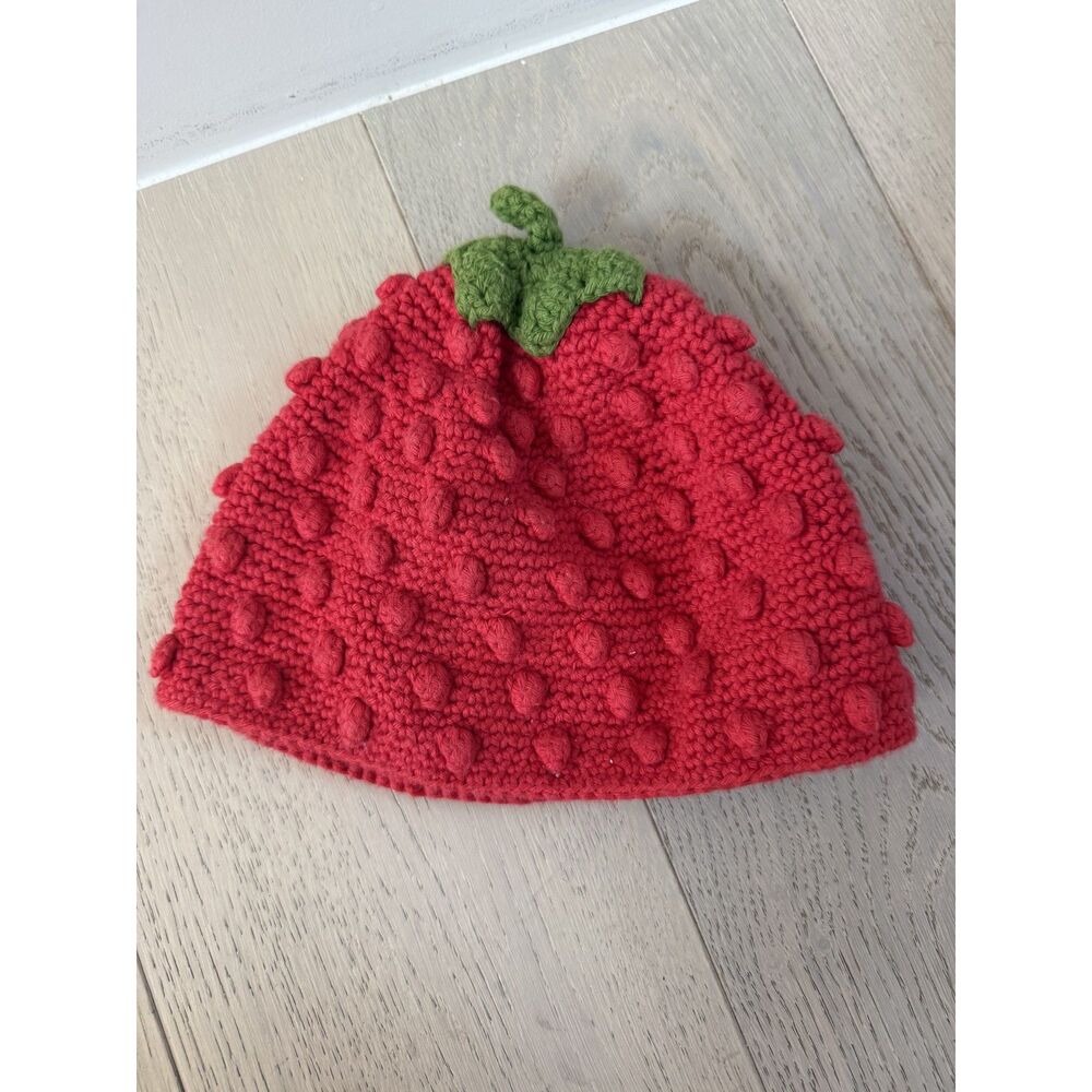Handmade Crochet Strawberry Beanie Hat Red Knit Cottagecore Fruit Cap Adult
